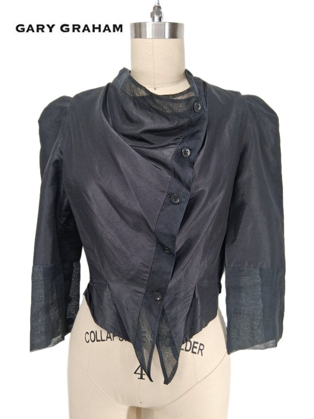 Gary Graham Black Silk Organza Asymmetric Cropped Jacket 3/4 Sleeve Victoriana 4